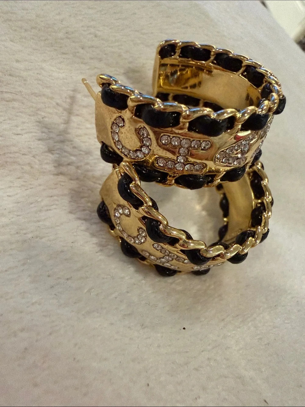 Chanel CC Strass & Interwoven Leather Hoop Earrings